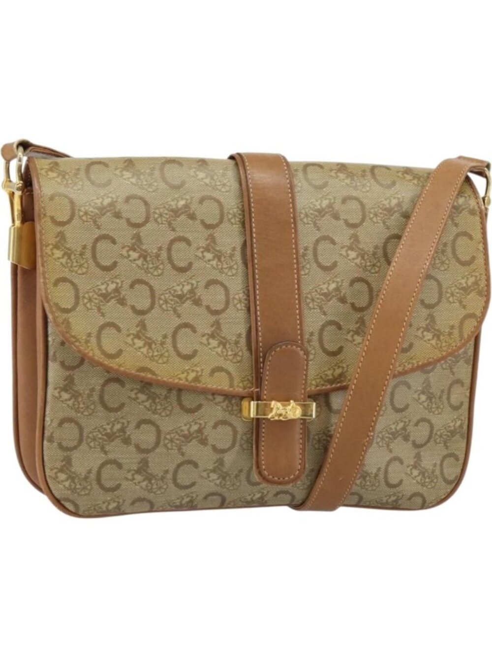 CELINE C Sulky Horse Carriage Shoulder Bag PVC Beige Gold
